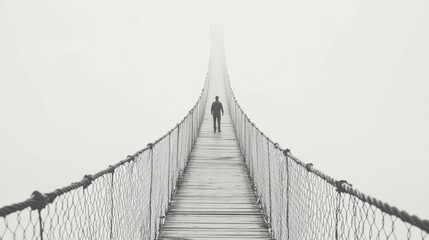Solitary figure walking on a long suspension bridge in fog.