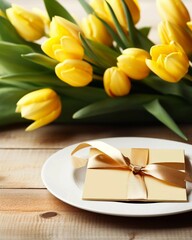 Table setting with yellow tulips and thank you card 