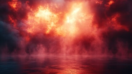 Fototapeta premium Dark Red Smoky Background with Dramatic Spotlights and Reflective Concrete Floor