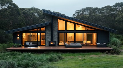Obraz premium A spacious, stylish wooden house designed in a Scandinavian architectural style, located near Wilsons Promontory, South Australia