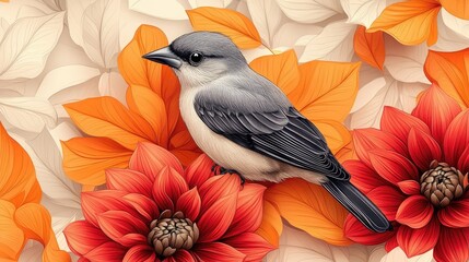 Bird perched on flowers, autumnal background, digital art, print design