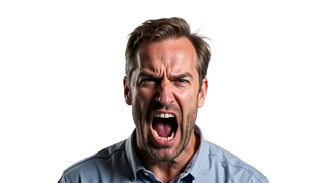 Close-up portrait of a man in his late thirties, expressing extreme anger and yelling, isolated on a clean white background