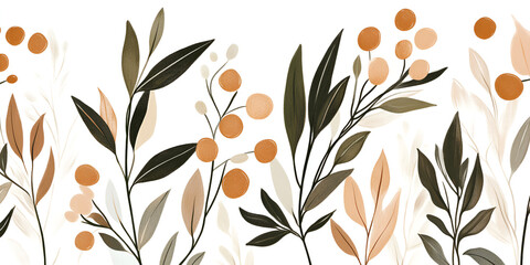 Bohemian Botanical Illustration: A delicate and stylized illustration featuring intricate branches adorned with small, round berries in muted tones of brown, beige, and green.