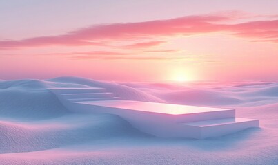 Minimalist Beach Podium Display with Soft Pastel Sunlight and Sandy Textures at Dawn