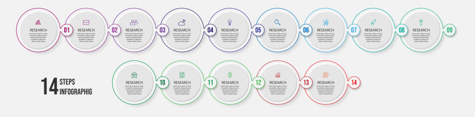simple infographic vector with 14 interconnected parts, there are icons, numbers and colors that are good for your business