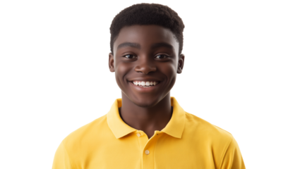 A cheerful African American child smiles brightly in this studio portrait, isolated against a clean white background, showcasing joy and innocence