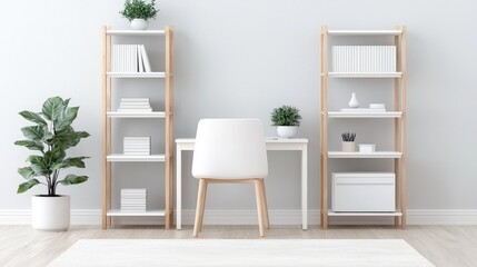 Minimalist home office with desk, chair, bookshelves, and plants