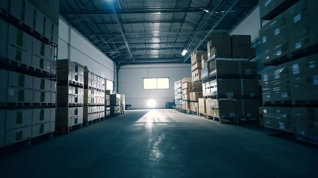 Establishing 360-degree video of a warehouse with a single spotlight moving across different stacks of inventory