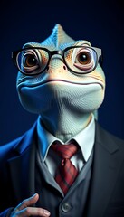 A Sophisticated Chameleon in a Business Suit and Glasses, a Whimsical 3D Rendered Portrait