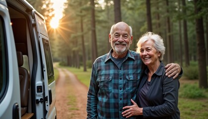 Happy senior couple stands close near campervan in forest. Hug, smile. Couple enjoys vacation, looks happy in nature. On road trip. Senior people relax, enjoy retirement. Look satisfied, fun. Couple