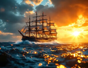 Obraz premium Majestic Sailing Ship at Sunset Ocean Scene