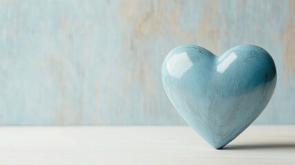 A smooth, blue ceramic heart sits on a light surface, creating a calming and serene aesthetic against a softly colored background.
