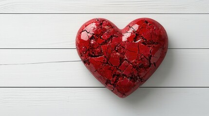A glossy red heart sculpture rests on a white wooden surface, showcasing a textured, cracked design that adds depth and interest.
