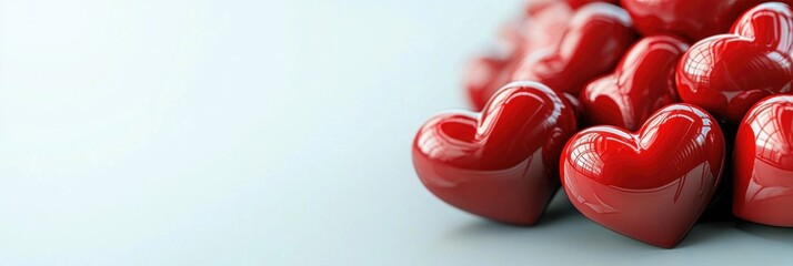 A collection of shiny red heart-shaped objects arranged on a soft background, symbolizing love and affection.