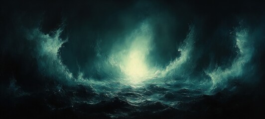 Fototapeta premium Abstract Expressionist Dark Street Scene with Blue Mist and White Light Source