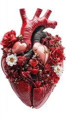 A vibrant heart sculpture adorned with roses and flowers, symbolizing love and passion, creatively merging anatomy with romantic themes.