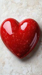 A shiny red heart-shaped object rests on a textured surface, reflecting light elegantly.