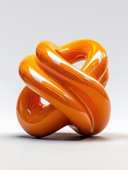 A glossy, orange abstract sculpture with intertwined curves, showcasing a modern, artistic design and a vibrant finish.