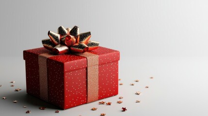 A beautifully wrapped red gift box with a decorative bow, surrounded by festive confetti, perfect for celebrations.