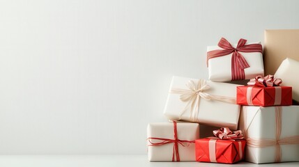 A stack of beautifully wrapped gifts in various sizes and colors, adorned with ribbons, set against a light background.