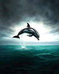 Fototapeta premium A magnificent dolphin leaps joyfully from the turquoise waters under a moody sky, showcasing the grace and beauty of marine life.