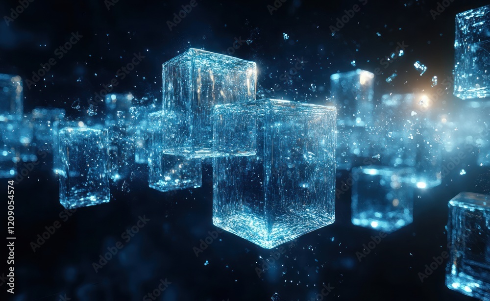 Aufkleber futuristic digital art of glowing transparent cubes in deep blue space with geometric shapes and dyn