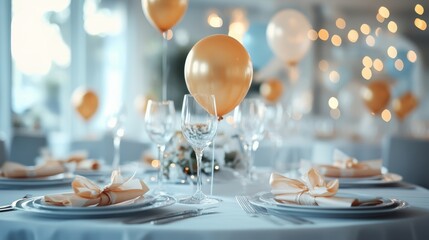 A festive table is adorned with various plates and glasses, complemented by a colorful balloon, creating a cheerful dining atmosphere.