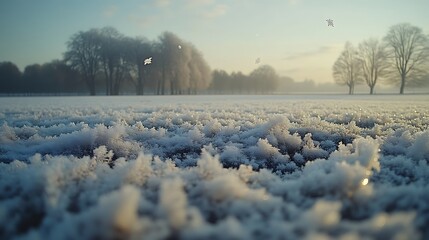 Frosty sunrise over snow-covered field.