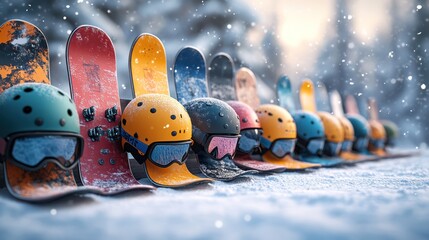 A 3D illustration of an organized winter sports equipment display with snowboards of various shapes and sizes