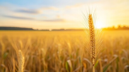 Naklejka premium Close-Up View of Golden Wheat Spike Against a Sunrise Horizon in a Lush Field, Capturing the Essence of Agriculture and Natural Beauty
