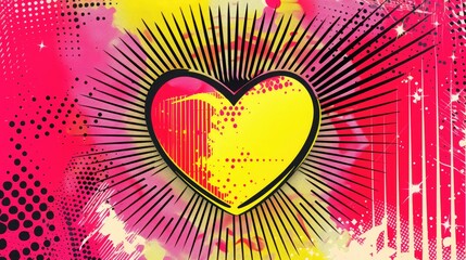 A pop art-style illustration of a yellow heart with black rays radiating outward