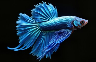 Fototapeta premium Stunning bright blue Betta fish with flowing fins. Elegant aquatic creature in vibrant motion against black background. Isolated, detailed view beauty, elegance. Captivating photo for aquarium