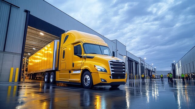A fleet of sleek electric cars, semi-trucks, and delivery vans parked at a row of fast-charging stations in a bustling logistics hub