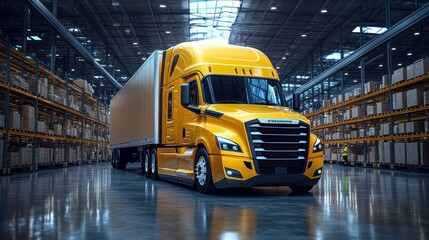A fleet of sleek electric cars, semi-trucks, and delivery vans parked at a row of fast-charging stations in a bustling logistics hub