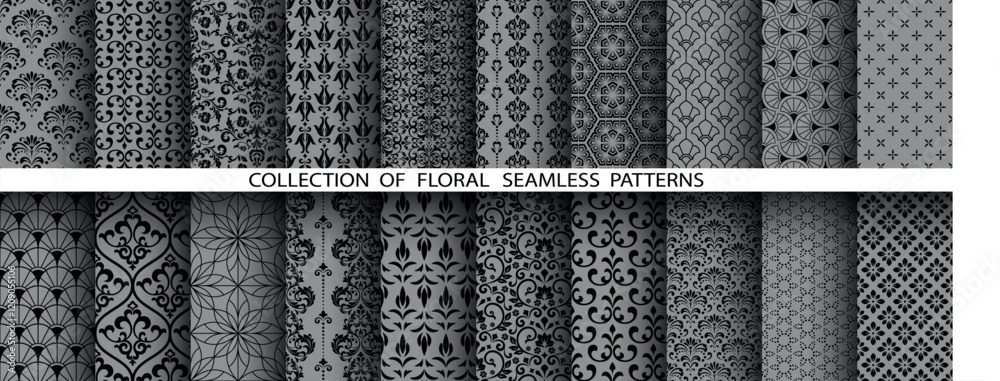 Poster geometric floral set of seamless patterns. gray and black vector backgrounds. damask graphic ornamen
