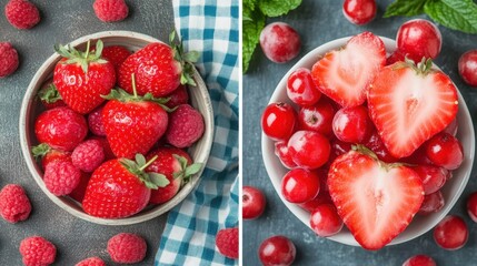A close-up view showcasing a vibrant bowl filled with fresh strawberries alongside another bowl brimming with juicy cherries.