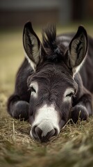 Fototapeta premium Adorable Donkey Resting in Hay