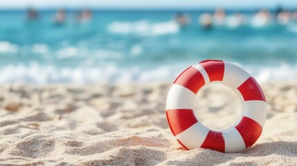 Naklejka premium A life preserver rests on the sandy beach, with beachgoers enjoying the sun and surf in the background, creating a vibrant coastal scene.