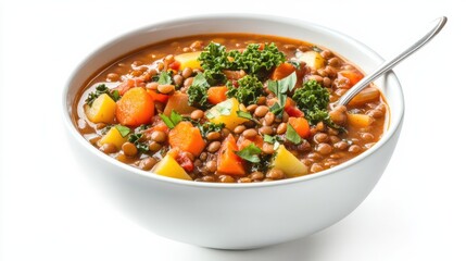 A bowl of hearty lentil and vegetable stew with carrots, potatoes, tomatoes