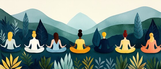 Health Balance Programs Risk A diverse group of people meditating peacefully in a vibrant park