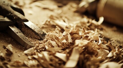 Close-up view of wood shavings and a plane after woodworking.