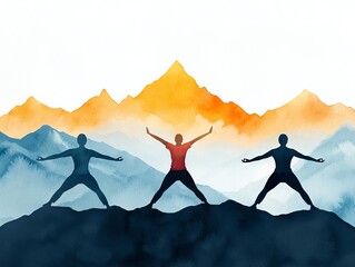 Health Cardio Exercise Programs Elderly couple performing gentle yoga stretches on a serene mountaintop