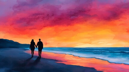 Health Cardio Selfcare A couple walking hand-in-hand along a tranquil beach at sunset