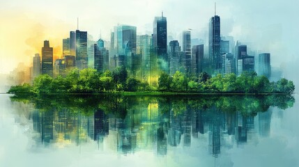 Obraz premium Cityscape Sunrise, Green Park Reflection, Urban Oasis