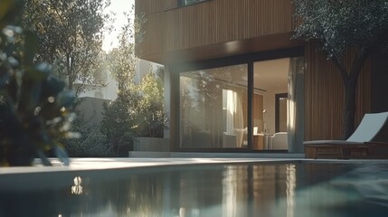 Fototapeta premium A serene backyard features a refreshing pool surrounded by lush greenery and a comfortable lounge chair for relaxation and enjoyment.