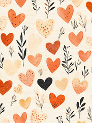 Heartfelt Pattern: A charming, repeating pattern featuring hand-painted hearts in various shades of terracotta, peach, and black, interspersed with delicate sprigs. Perfect for Valentine's Day.