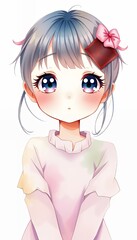 Adorable Anime Girl with Blue Eyes and Pink Cheeks, Wearing Pink Sweater and Flower Clip, Soft Pastel Colors, Whimsical Illustration