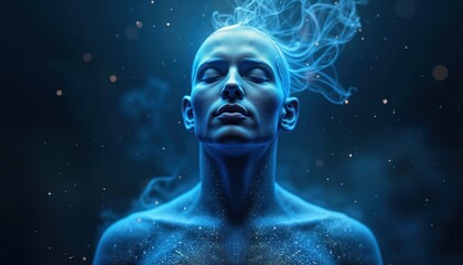 Person with closed eyes receives spiritual energy. Glowing blue energy surrounds body. Illustration shows tranquility, wellness. Blue light, particles flowing around person. Energy depicted in