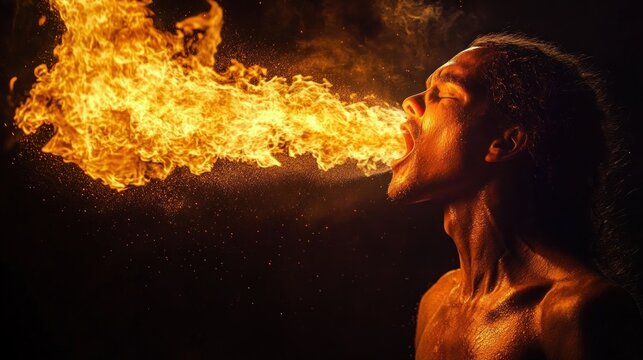 Fire Performer Exhales Fireball Creating Spectacular Display of Flames and Sparks Against Dark Background