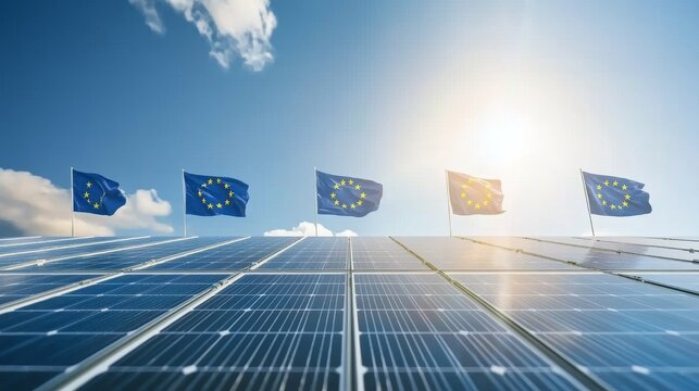 Solar Panels Under European Flags Against a Bright Sky Showcasing Renewable Energy Commitment and Sustainability Initiatives in Europe